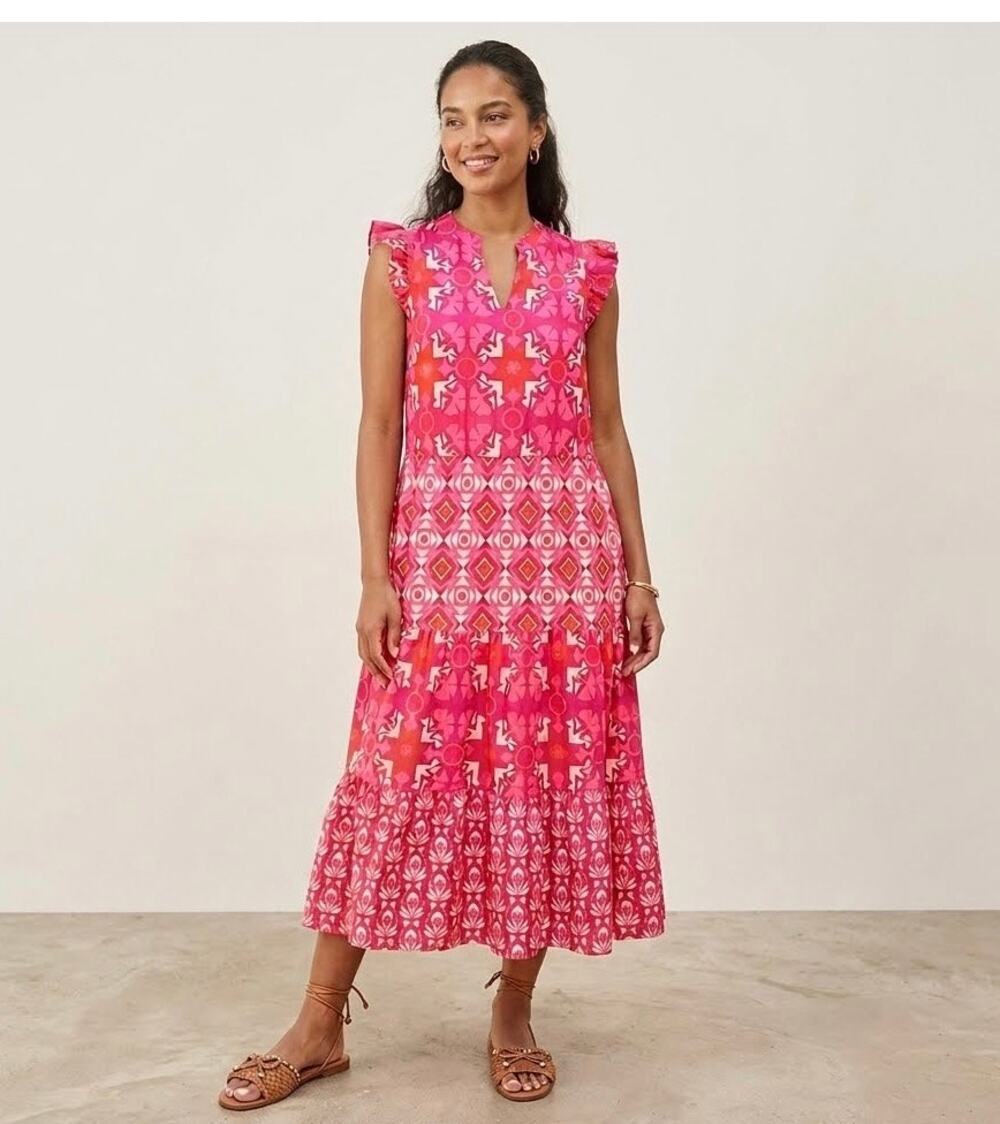 Bohemian 1XL Pink Geometric Flutter Sleeve Tiered Teacher Maxi Dress